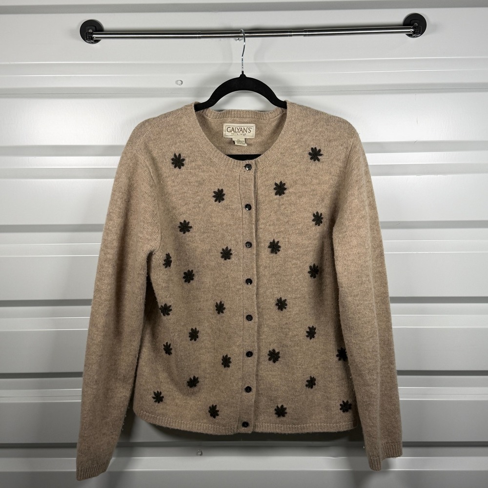 Galyan's Vintage Womens‎ XL Lambswool Cardigan Sweater Tan Floral Embroidered